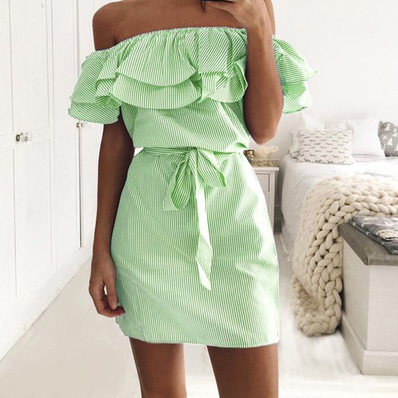 Nwot Womens Green & White Off Shoulder Small - Picture 1 of 2